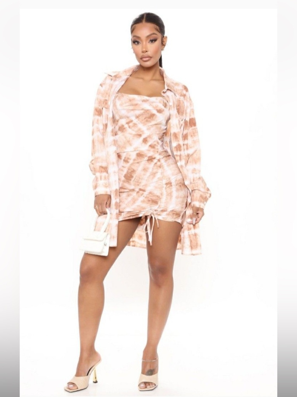 Fashion Nova Tie-Dye Shirt & Mini Dress Set- Brown and Cream